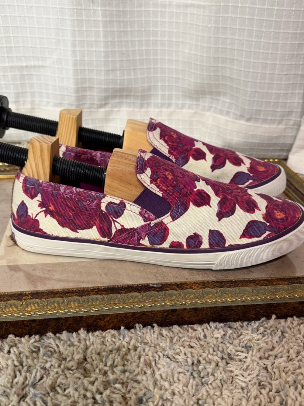 Tory Burch MILES sz 11 slip on canvas shoes slides loafers rose floral flowers